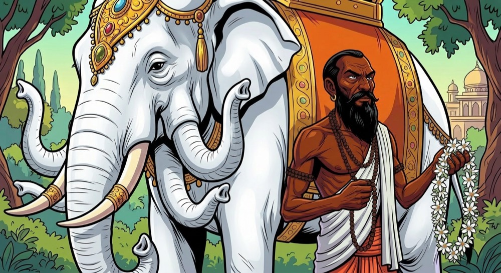 Three consecutive comic panels: a garland being offered, a king holding it with disdain, and an elephant trampling it.
