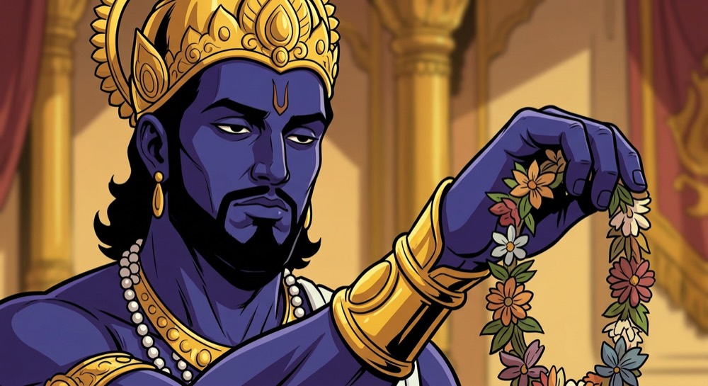 Three consecutive comic panels: a garland being offered, a king holding it with disdain, and an elephant trampling it.