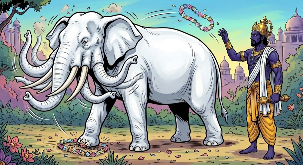Three consecutive comic panels: a garland being offered, a king holding it with disdain, and an elephant trampling it.