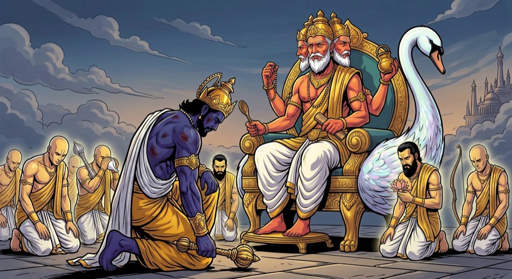 A low-angle comic panel: defeated gods kneel before a four-headed figure seated on a swan throne, clouds behind them.