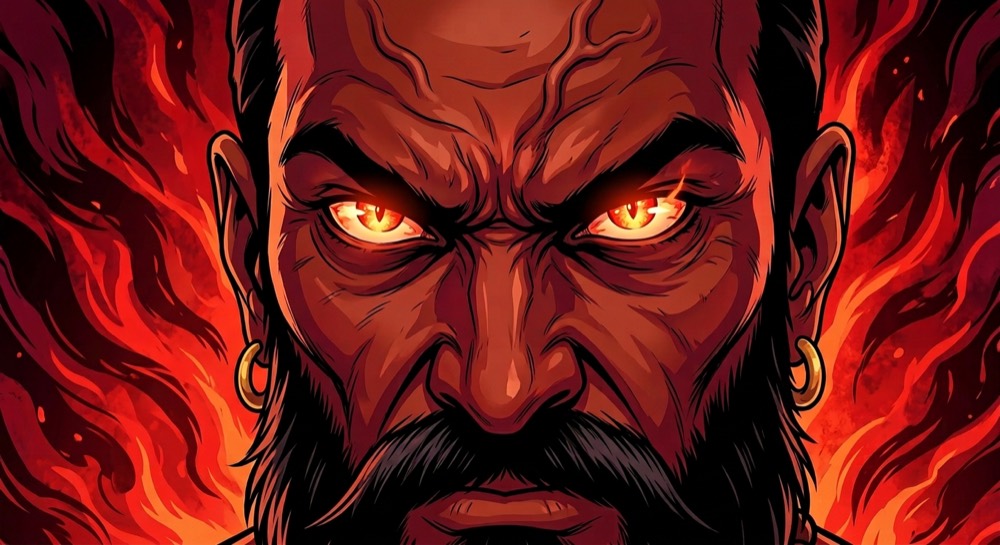 Left, a wide establishing shot of a golden celestial city in the clouds. Right, an extreme close-up of a sage's face contorted in rage.