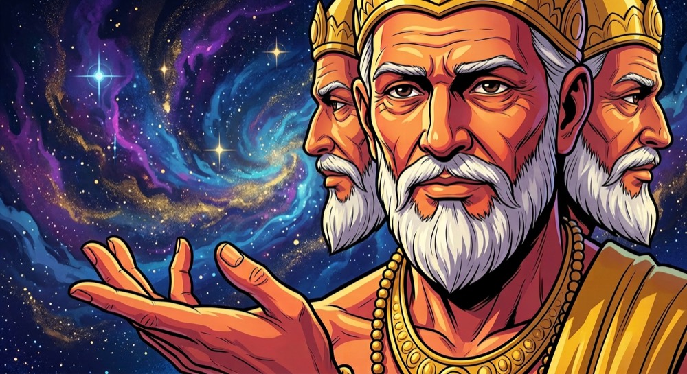 Three comic panels from three different stories, each a close-up of the same four-headed white-bearded elder in a gold crown, against a starfield, a nebula and a rocky landscape.