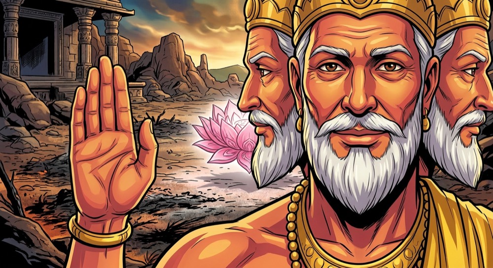 Three comic panels from three different stories, each a close-up of the same four-headed white-bearded elder in a gold crown, against a starfield, a nebula and a rocky landscape.