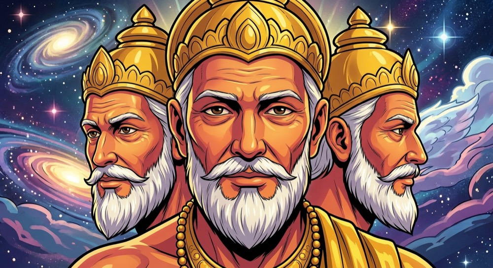 Three comic panels from three different stories, each a close-up of the same four-headed white-bearded elder in a gold crown, against a starfield, a nebula and a rocky landscape.