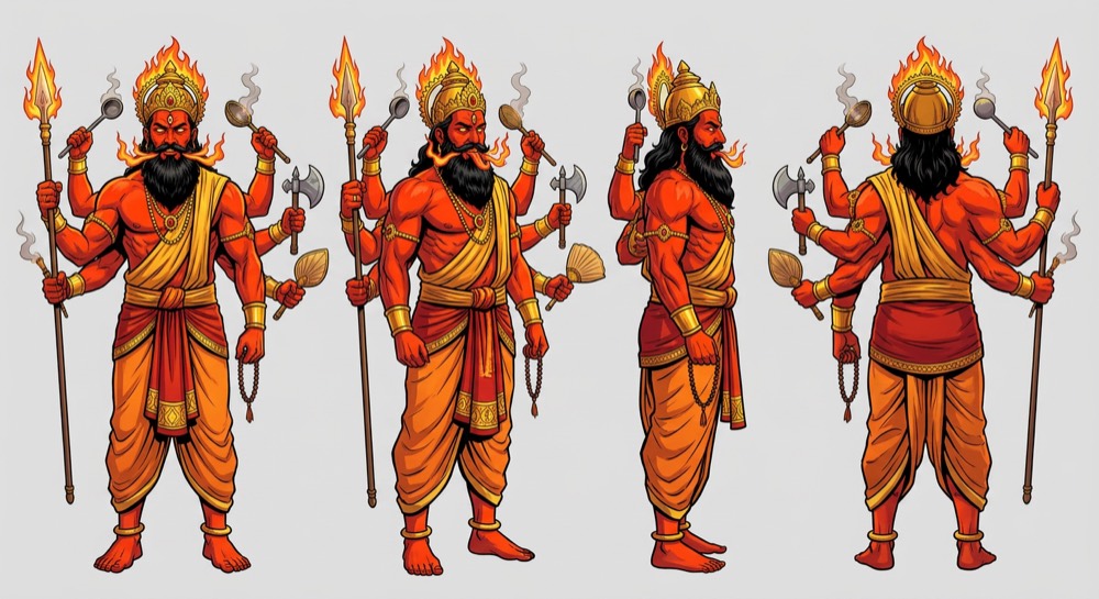 Three character turnaround sheets, each showing the same figure from four angles: a four-headed elder in white and gold holding a water pot, a rosary, a spoon and a manuscript; a purple severed head with no body; and a red figure with flames rising from his head and a fan of arms holding ritual implements.