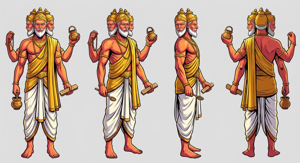 Three character turnaround sheets, each showing the same figure from four angles: a four-headed elder in white and gold holding a water pot, a rosary, a spoon and a manuscript; a purple severed head with no body; and a red figure with flames rising from his head and a fan of arms holding ritual implements.