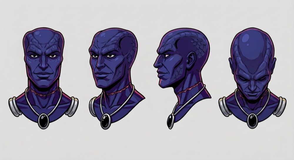 Three character turnaround sheets, each showing the same figure from four angles: a four-headed elder in white and gold holding a water pot, a rosary, a spoon and a manuscript; a purple severed head with no body; and a red figure with flames rising from his head and a fan of arms holding ritual implements.
