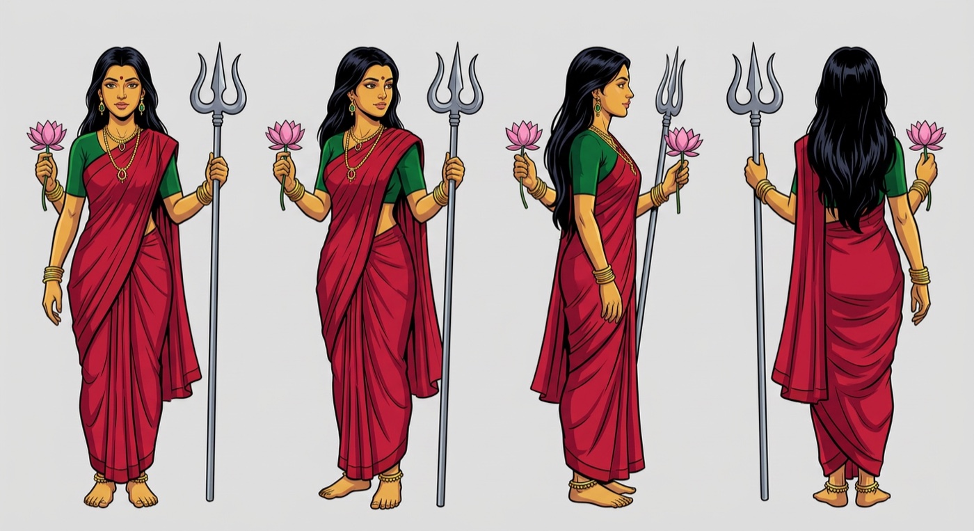 A character reference sheet: the same woman in a red sari drawn four times, from the front, three-quarter, side and back, holding a lotus and a trident.